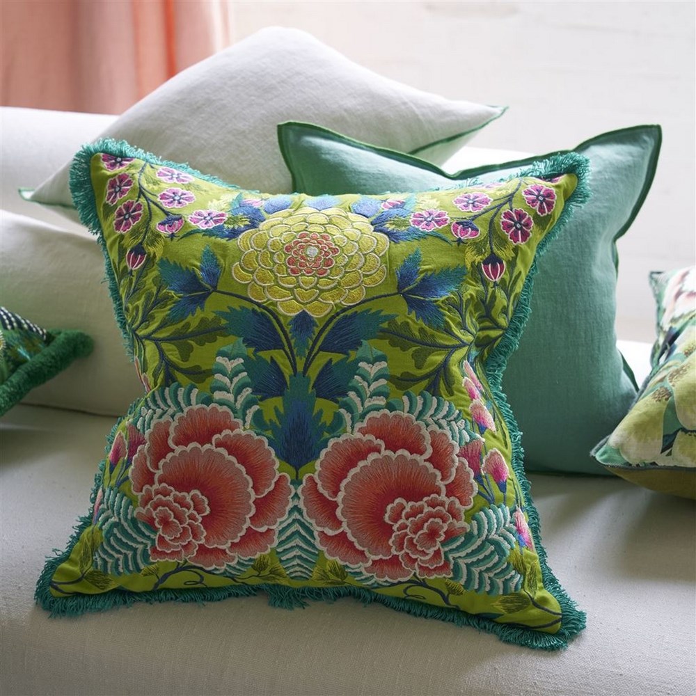 Brocart Decoratif Embroidered Cushion by Designers Guild in Lime Green